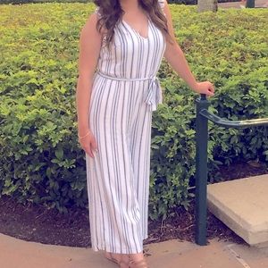 White and blue striped jumpsuit
